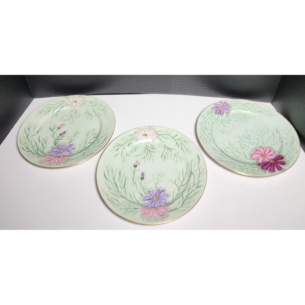 Set of 3 Vintage Mj Ronas 1953 Hand Painted Floral Salad Plates with Gold Trim